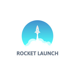 Gray rocket and white cloud, circle icon in flat style, vector