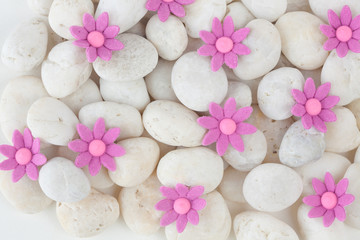 Obraz na płótnie Canvas Flowers on white pebbles with white paper background