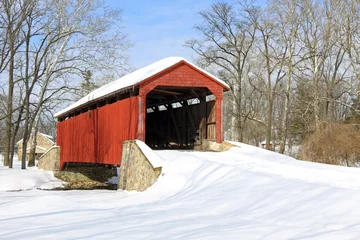 Gartenposter Winter Covered Bridge in Snow  © Delmas Lehman