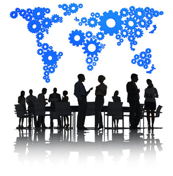 Business People Discussing Around The Conference Table And A Blu