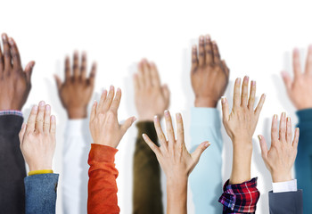 Multiethnic Group of Hands Raised