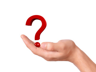 Hand holding question mark on a white background