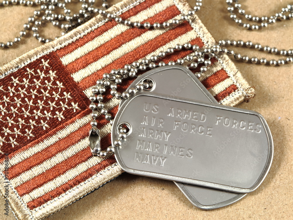 Wall mural Military dog tags and camoflage flag