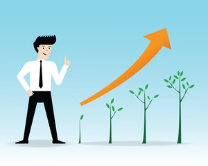 Businessman present growing trees business. vector illustration