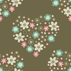 róż turkus brąz kwiaty i kropki serce deseń na ciemnym tle © demonique