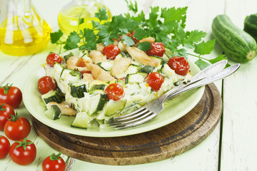 Zucchini baked with chicken, cherry tomatoes and herbs
