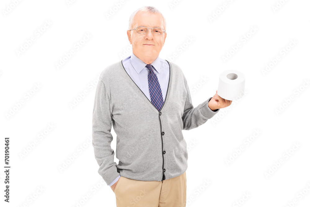 Sticker Senior gentleman holding a toilet paper roll