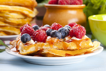 Homemade waffles with fruit