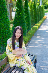 Beautiful young woman wearing japanese traditional Yukata