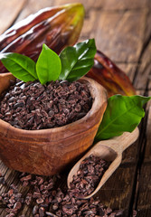 Cocoa pod with bowl on a dark wooden table.