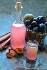 Sweet home made rhubarb juice in a glass bottle