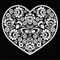 Polish white folk art heart pattern on black - wzory lowickie