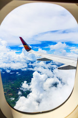 Wing of the plane on sky background - plane wing with cloud patt