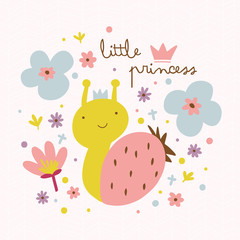 Little princess illustration with cute snail and flowers.