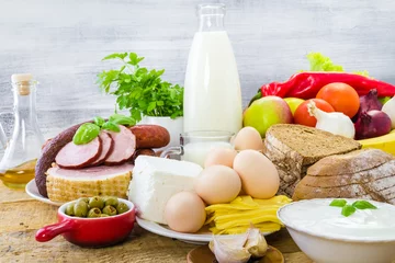 Photo sur Plexiglas Viande Composition grocery products dairy vegetables fruits meat