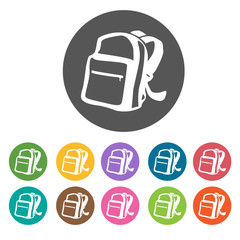 Back pack icons. Camping hiking set. Round colourful 12 buttons.