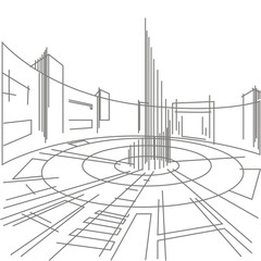 linear sketch of a city square on a white background