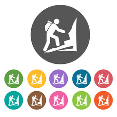 Hiking icons. Camping hiking set. Round colourful 12 buttons. Ve