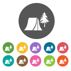 Tent and pine tree icons. Camping hiking set. Round colourful 12