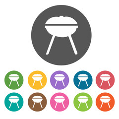 Barbecue grill icons. Camping hiking set. Round colourful 12 but