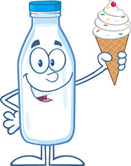Funny Milk Bottle Cartoon Mascot Character Holding A Ice Cream