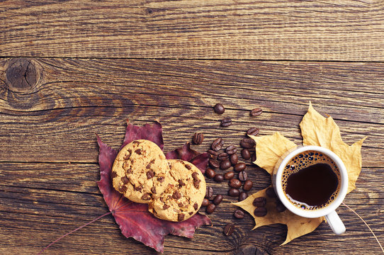 Cookies, coffee and autumn leaves