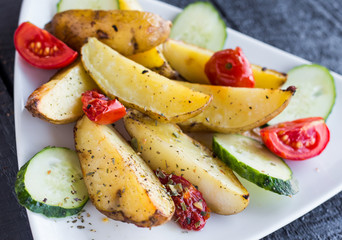 baked potato and raw vegetables on a white plate, horizontally