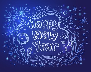 Fototapeta na wymiar Doodle new year illustration on a blue background