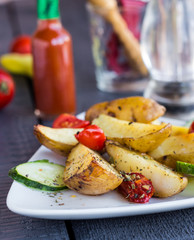 baked potato and raw vegetables on a white plate
