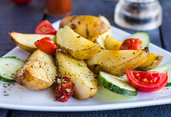 baked potato and raw vegetables on a white plate