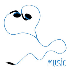 Blue earphones cord in shape of heart. Flat design. Music card.