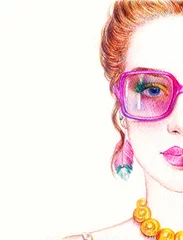 Cercles muraux Visage aquarelle femme à lunettes