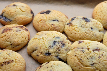 Chocolate chip cookies on baking paper