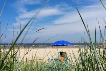 Blue umbrella on the beach in summer