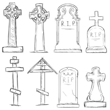 Vector Set of Sketch Cemetery Tombstones