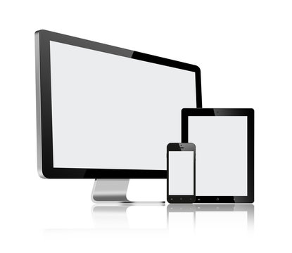 High resolution illustration set of modern computer monitor, tab