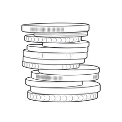Coins stacks isolated on a white background. Line art
