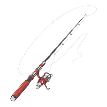 Red fishing rod, spinning with bait