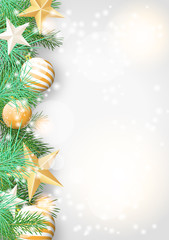 Christmas background with green branches and yellow ornaments