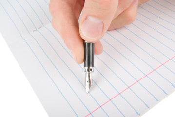 Hand writing on empty notepad (notebook) isolated on white