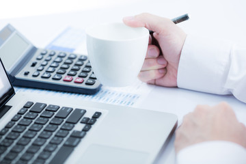 Businessman analyzing investment charts with laptop. Accounting