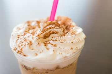 Ice And Whip Cream Frappe Coffee With Chocolate Topping Close Up