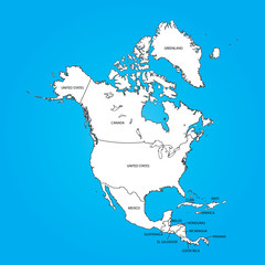 Outline on clean background of the continent of North America