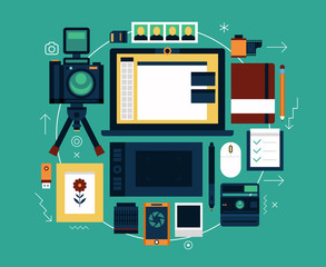 Vector flat photographer objects and elements.
