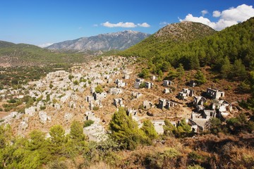 Fototapeta na wymiar Panoramic view of the ruins in Kayakoy, Turkey