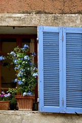 Window with blue shutter and flowerbox.