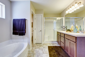 Refreshing white bathroom with glass door and bath tub