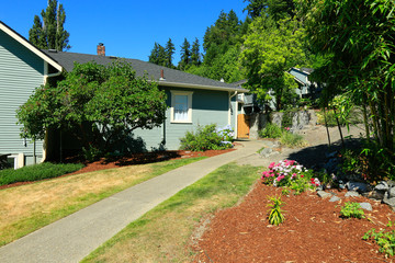 Countryside house exterior with walkway