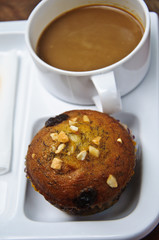 closeup homemade banana cup cake and coffee