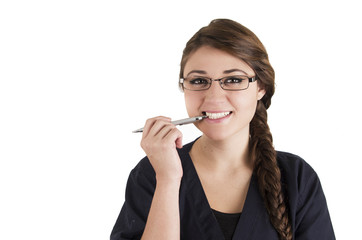 Beautiful young friendly happy hispanic woman wearing nurse